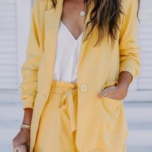 Vici Cotton Linen Pocketed Blazer - Yellow